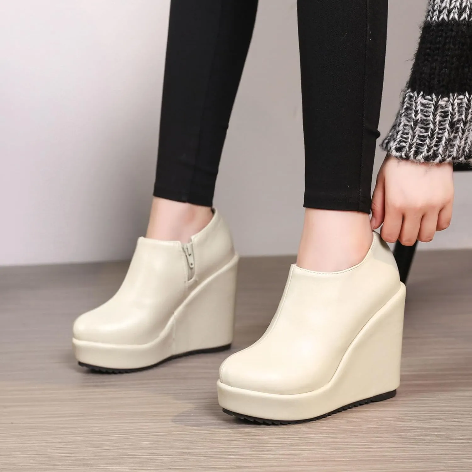SHEMEE Women's Wedge Heels Ankle Boots High Heeled Platform Pumps Round Toe Zip Up Short Booties Office Party Dress Shoes