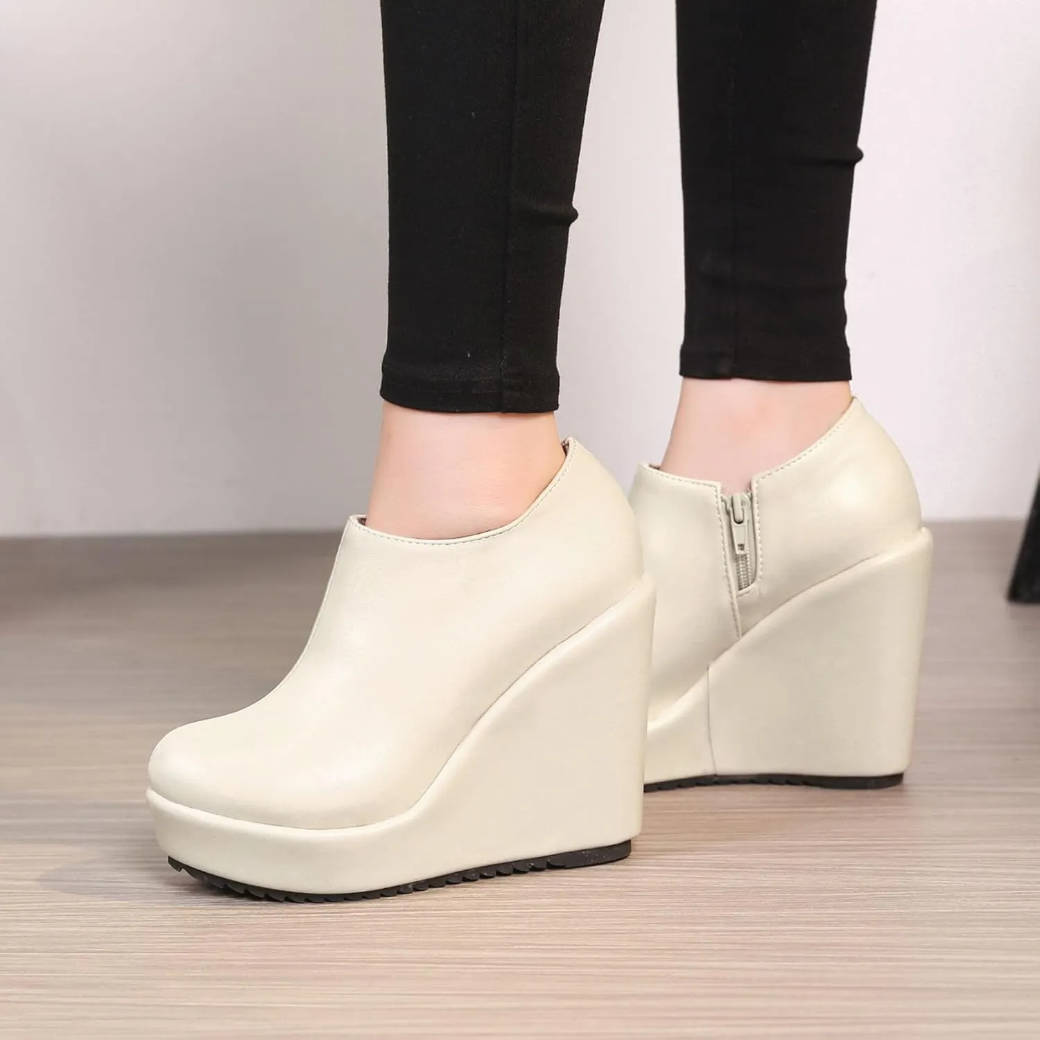 SHEMEE Women's Wedge Heels Ankle Boots High Heeled Platform Pumps Round Toe Zip Up Short Booties Office Party Dress Shoes