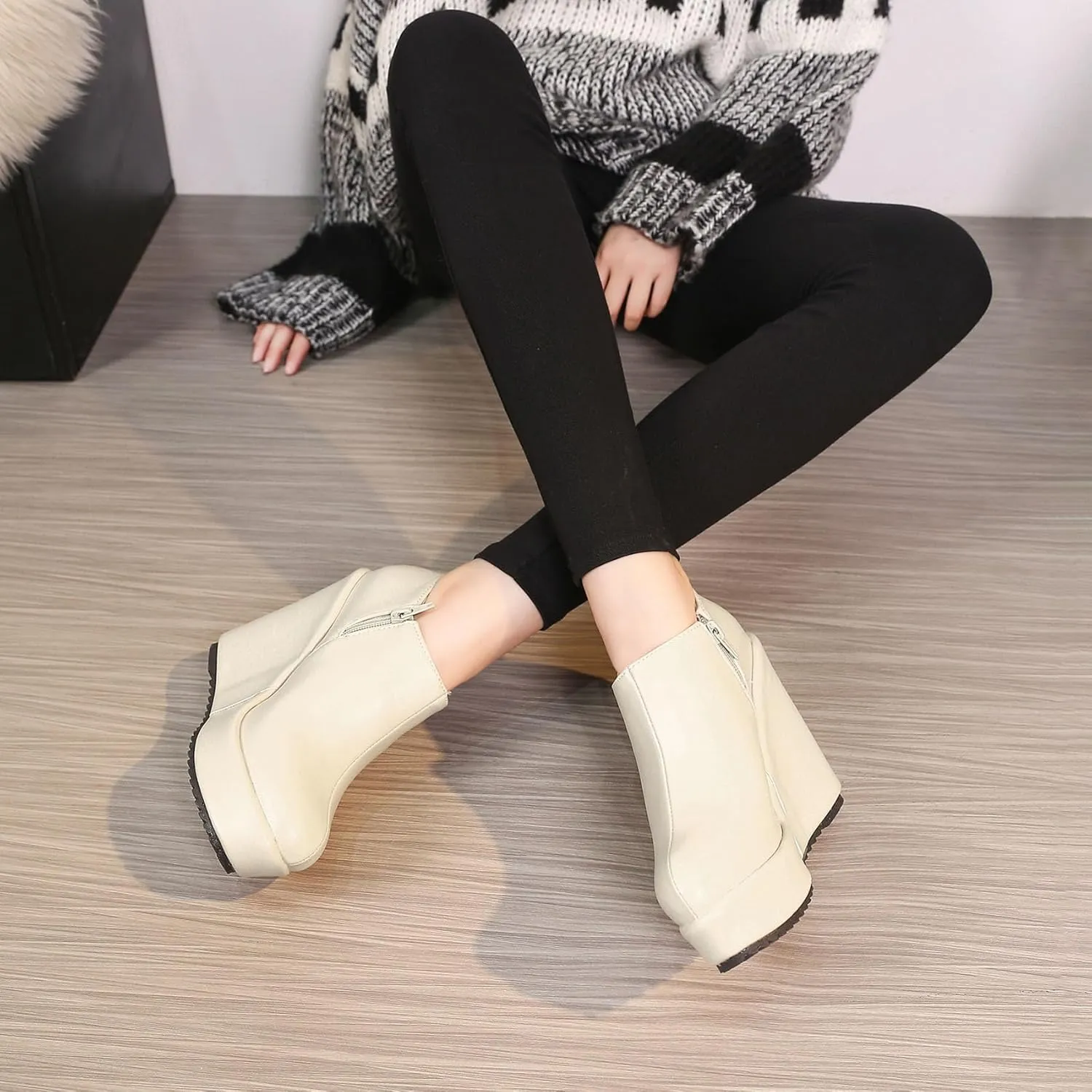 SHEMEE Women's Wedge Heels Ankle Boots High Heeled Platform Pumps Round Toe Zip Up Short Booties Office Party Dress Shoes