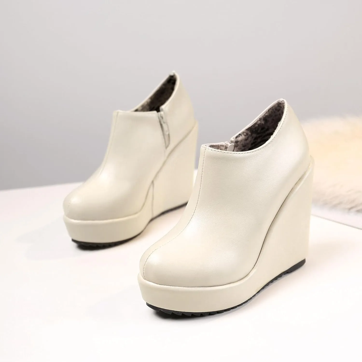 SHEMEE Women's Wedge Heels Ankle Boots High Heeled Platform Pumps Round Toe Zip Up Short Booties Office Party Dress Shoes