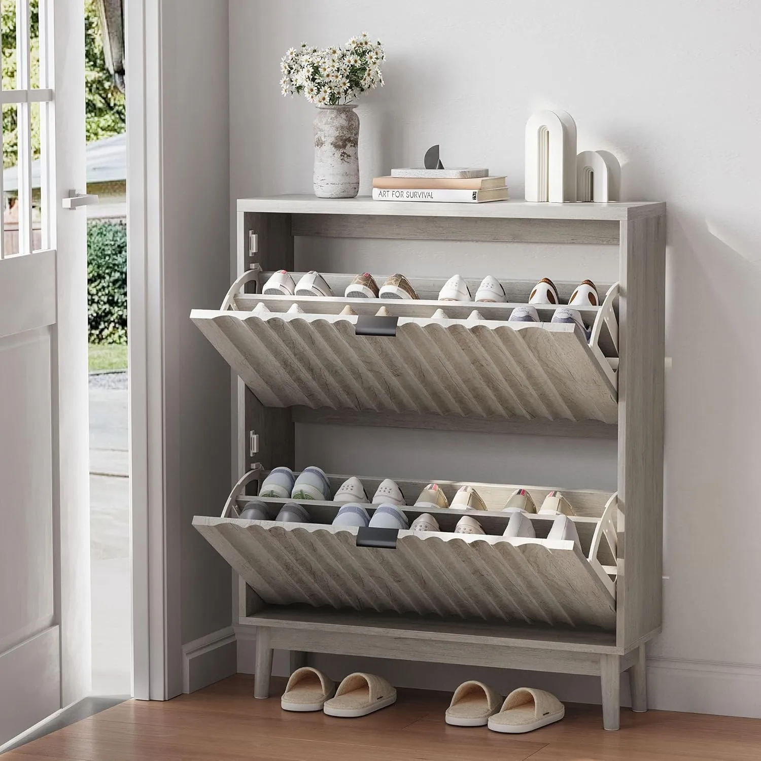 Shoe Cabinet With 2 Flap Drawers, Recessed Small Shoe Cabinet for Entryway, Freestanding Storage With Wave Doors for High Heels, Boots, Slippers In Hallway, Living R