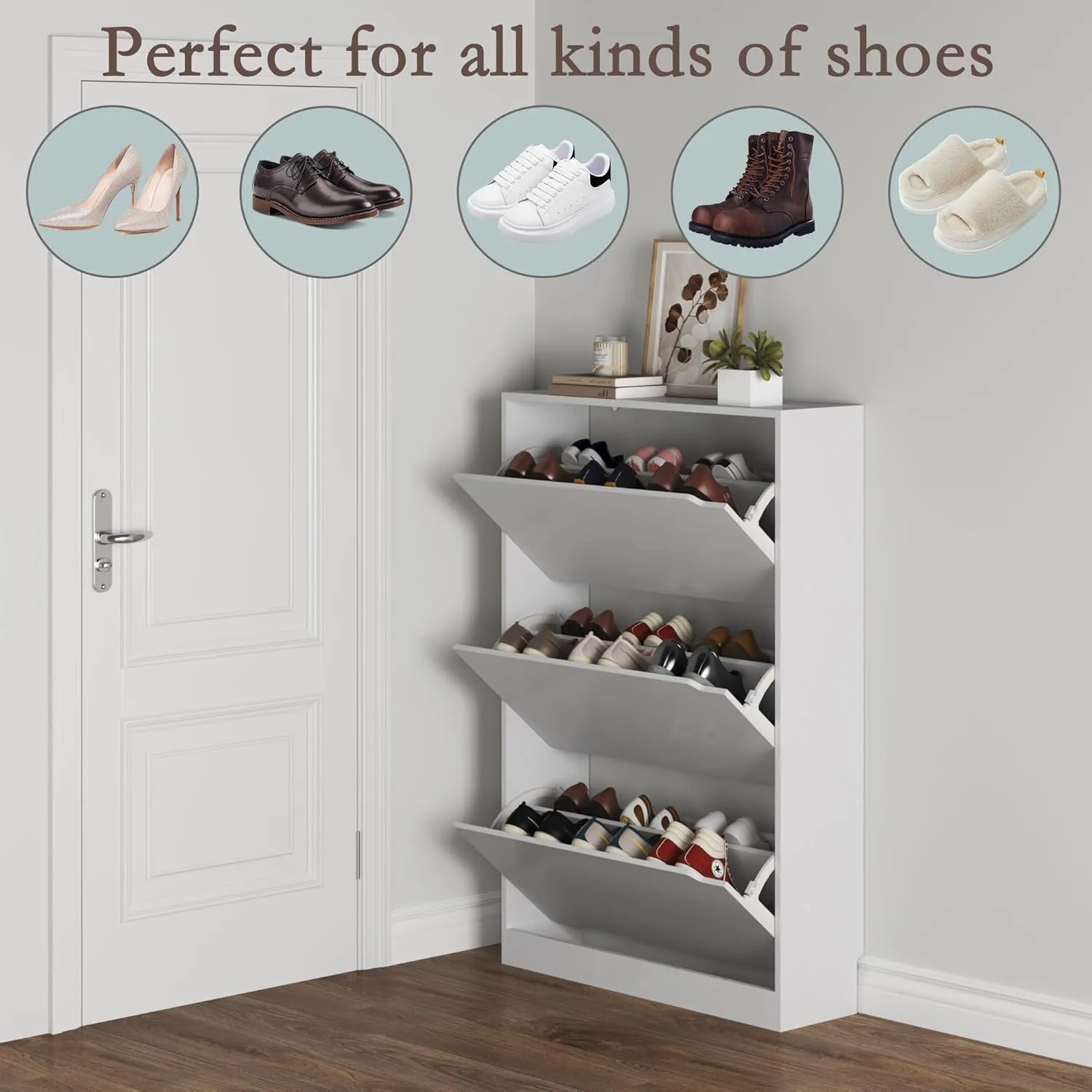 Shoe Cabinet with 3 Flip Drawers, Hidden Wood Shoe Cabinet,Freestanding Shoe Storage Cabinet for Entryway Hallway.White. 47.2" H*31.5" W*9.25" D.