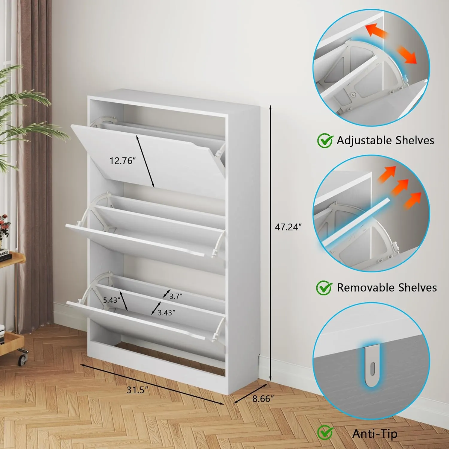 Shoe Cabinet with 3 Flip Drawers, Hidden Wood Shoe Cabinet,Freestanding Shoe Storage Cabinet for Entryway Hallway.White. 47.2" H*31.5" W*9.25" D.