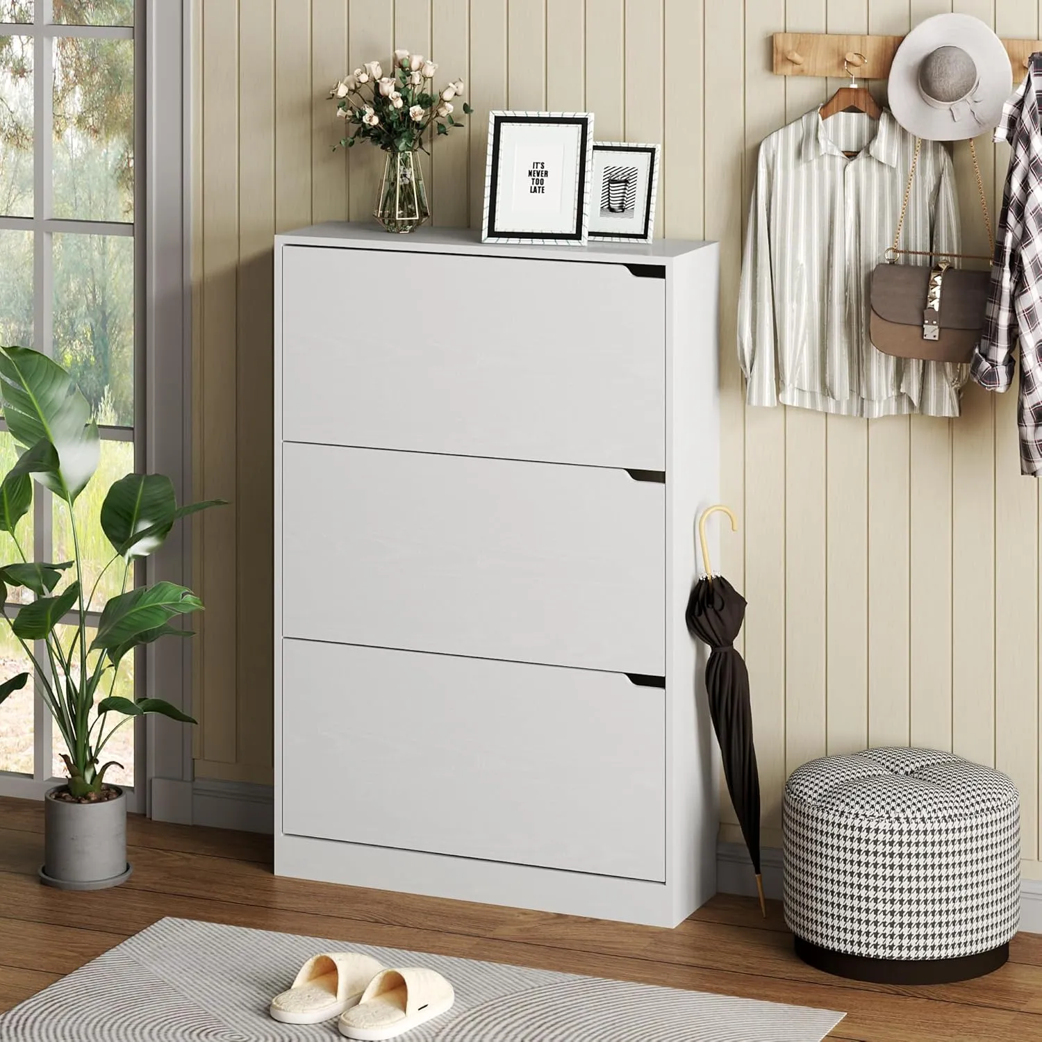 Shoe Cabinet with 3 Flip Drawers, Hidden Wood Shoe Cabinet,Freestanding Shoe Storage Cabinet for Entryway Hallway.White. 47.2" H*31.5" W*9.25" D.