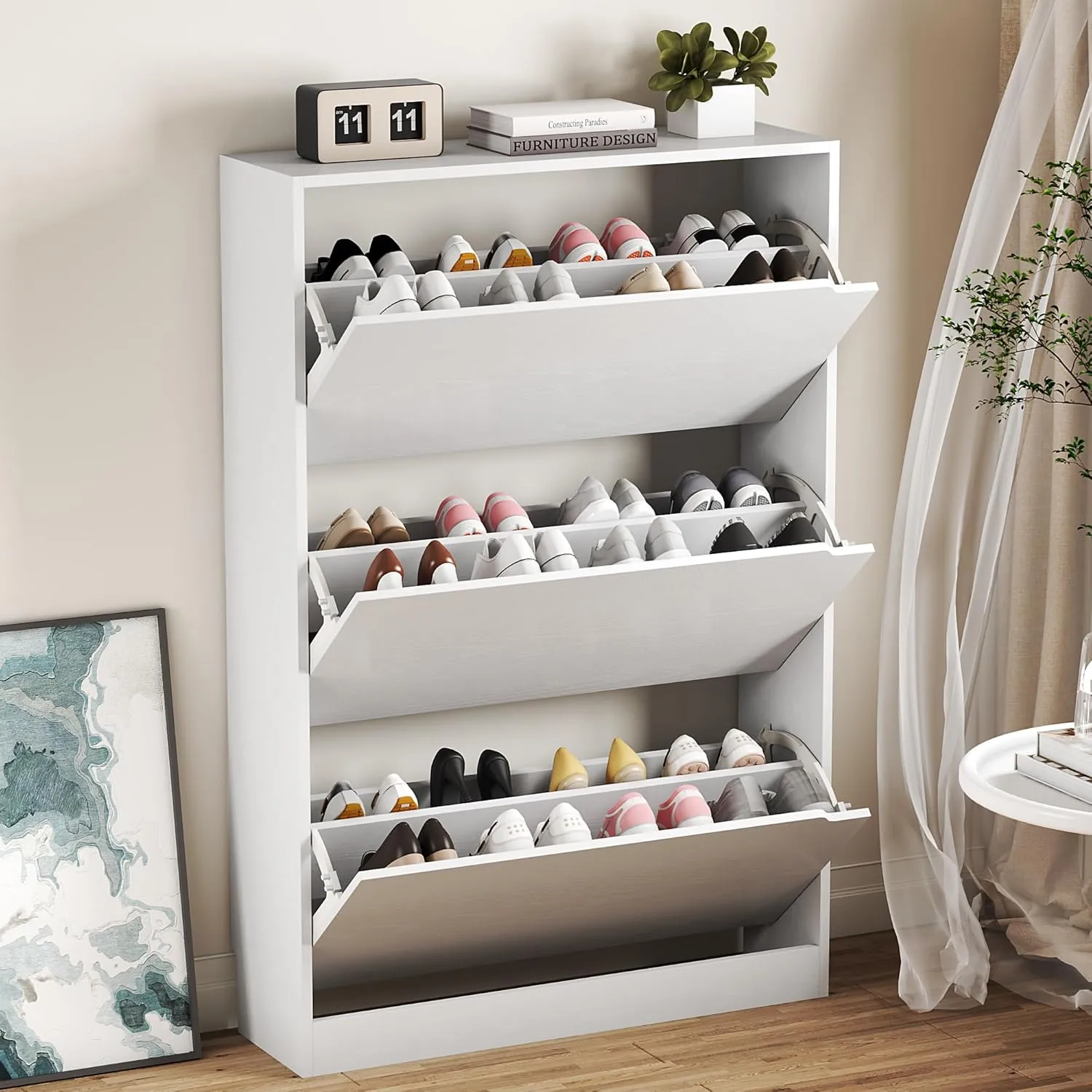 Shoe Cabinet with 3 Flip Drawers, Hidden Wood Shoe Cabinet,Freestanding Shoe Storage Cabinet for Entryway Hallway.White. 47.2" H*31.5" W*9.25" D.