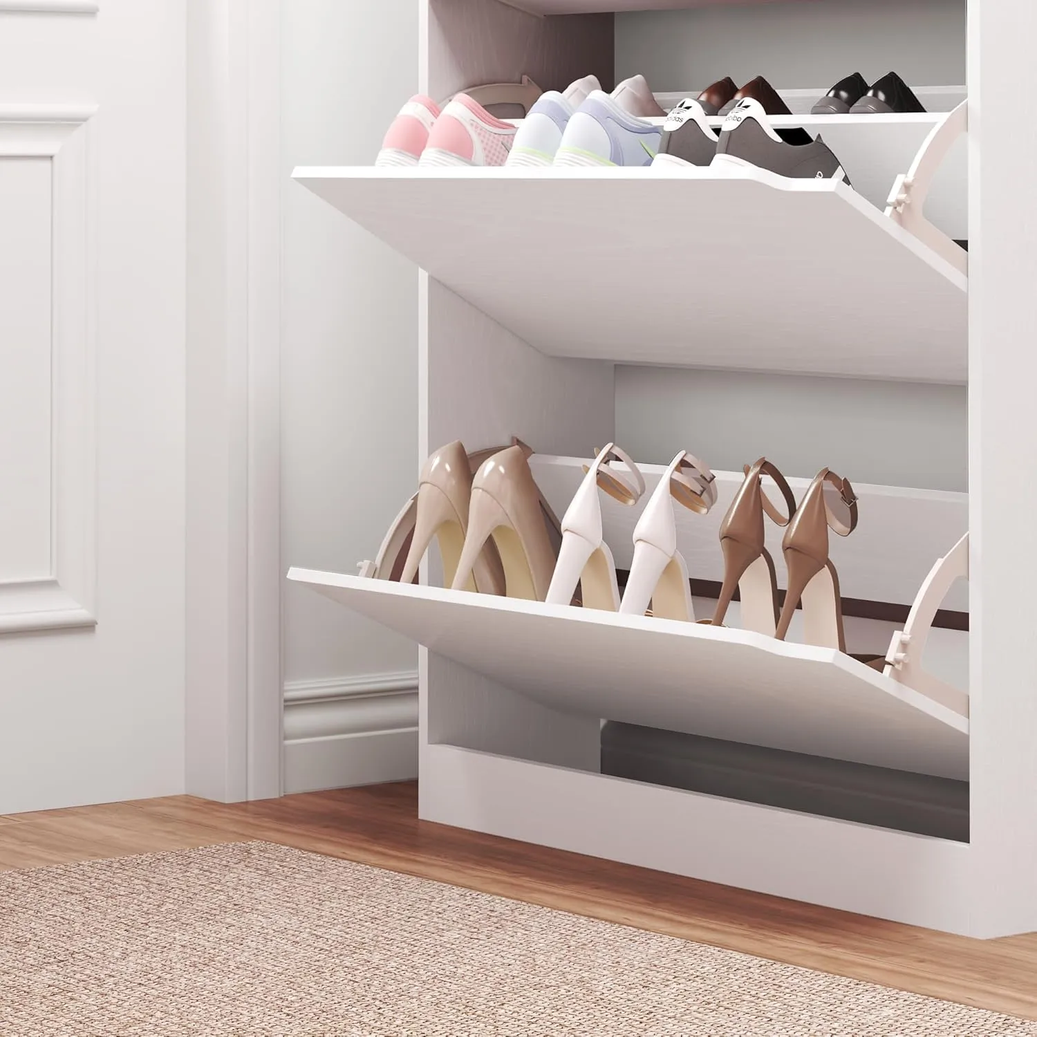 Shoe Cabinet with 3 Flip Drawers, Hidden Wood Shoe Cabinet,Freestanding Shoe Storage Cabinet for Entryway Hallway.White. 47.2" H*31.5" W*9.25" D.