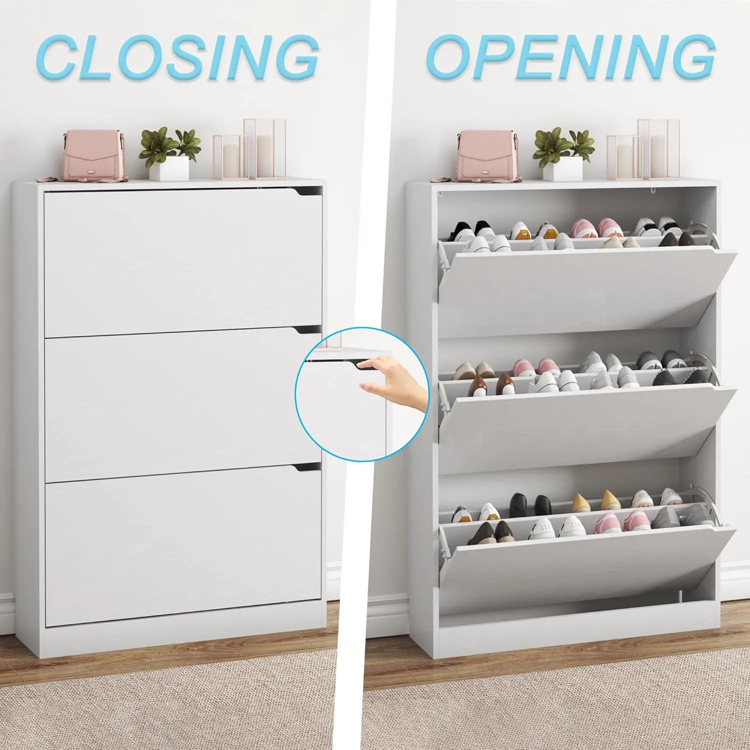 Shoe Cabinet with 3 Flip Drawers, Hidden Wood Shoe Cabinet,Freestanding Shoe Storage Cabinet for Entryway Hallway.White. 47.2" H*31.5" W*9.25" D.
