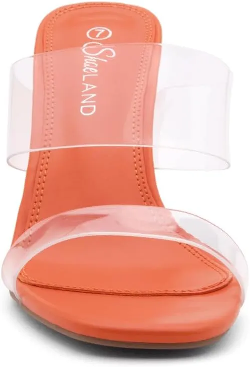 Shoe Land Brienna Women's Clear Heels Chunky Block Heeled Slides Open Toe Two Band Slip-On Mules – Dressy Heeled Sandals for Prom, Wedding, and Party