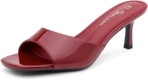 Shoe Land Deverena Women's Low Heels Stiletto Heeled Slides, Open Toe One Band Slip-On Heeled Mules – Dressy Heeled Sandals for Prom, Party, Wedding, and Vacation