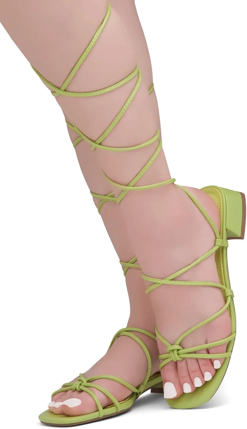Shoe Land SL-Danica Women's Lace-Up Chunky Low Heels, Strappy Ankle Wrap Heeled Sandals, Square Open Toe Tie-Up Dress Sandals for Holiday, Party, and Wedding