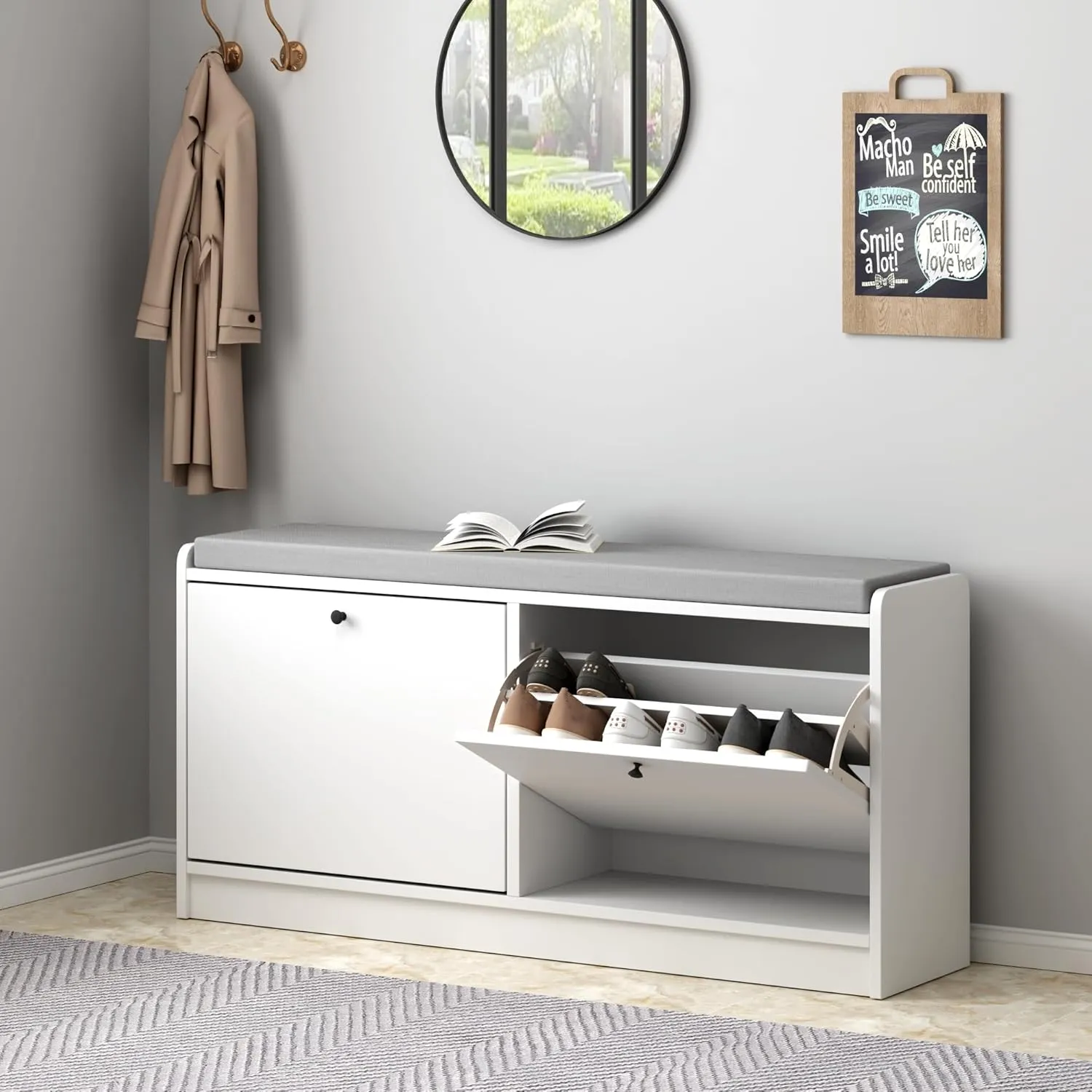 Shoe Storage Bench with 2 Flip Drawers and Padded Seat Cushion, Entryway Bench with Storage, Shoe Rack Bench Organizer, Shoe Storage Cabinet for Entryway, Living Room, Bedroom