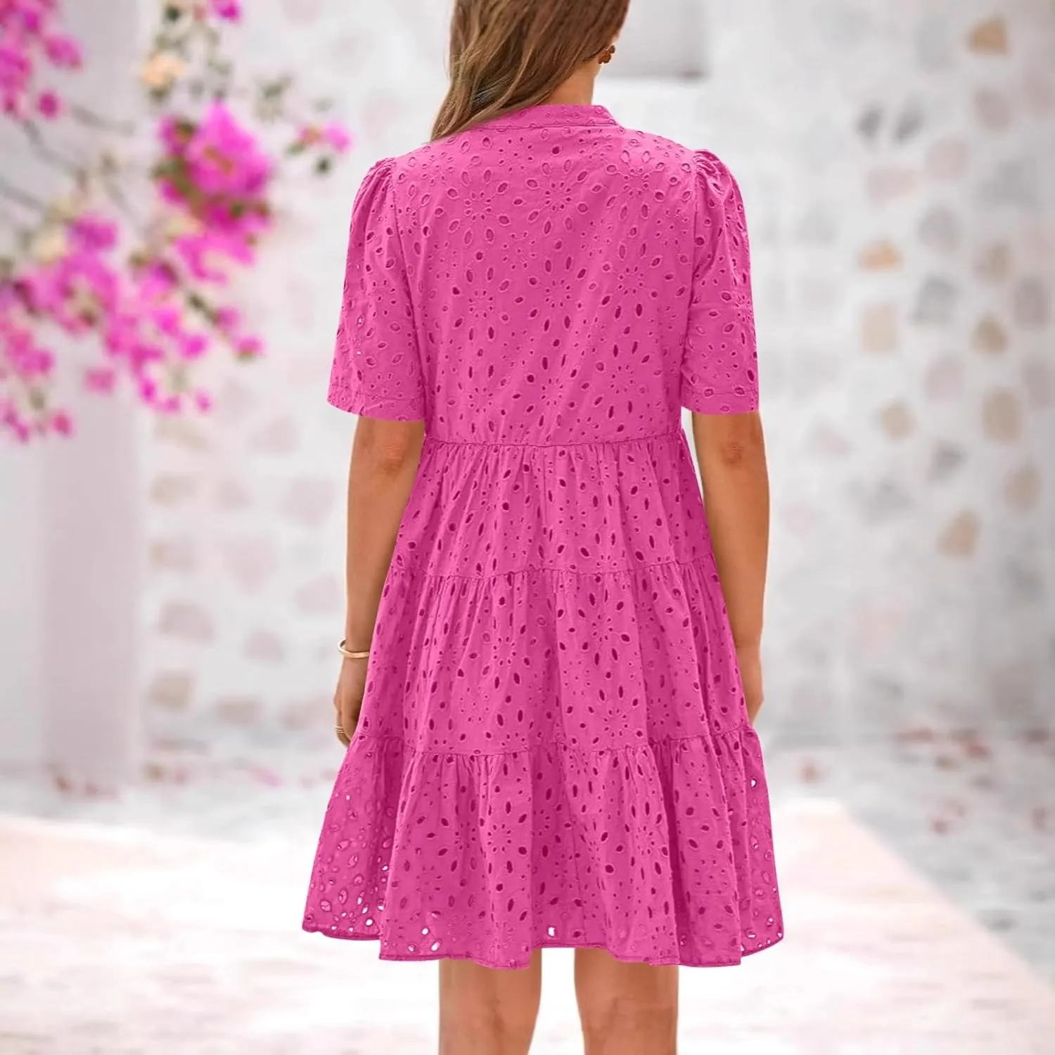 Short Dress for Women Cute Summer Eyelet V Neck Ruffled Babydoll Dress Beachy Resort Loose Swing A Line Dresses
