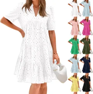 Short Dress for Women Cute Summer Eyelet V Neck Ruffled Babydoll Dress Beachy Resort Loose Swing A Line Dresses