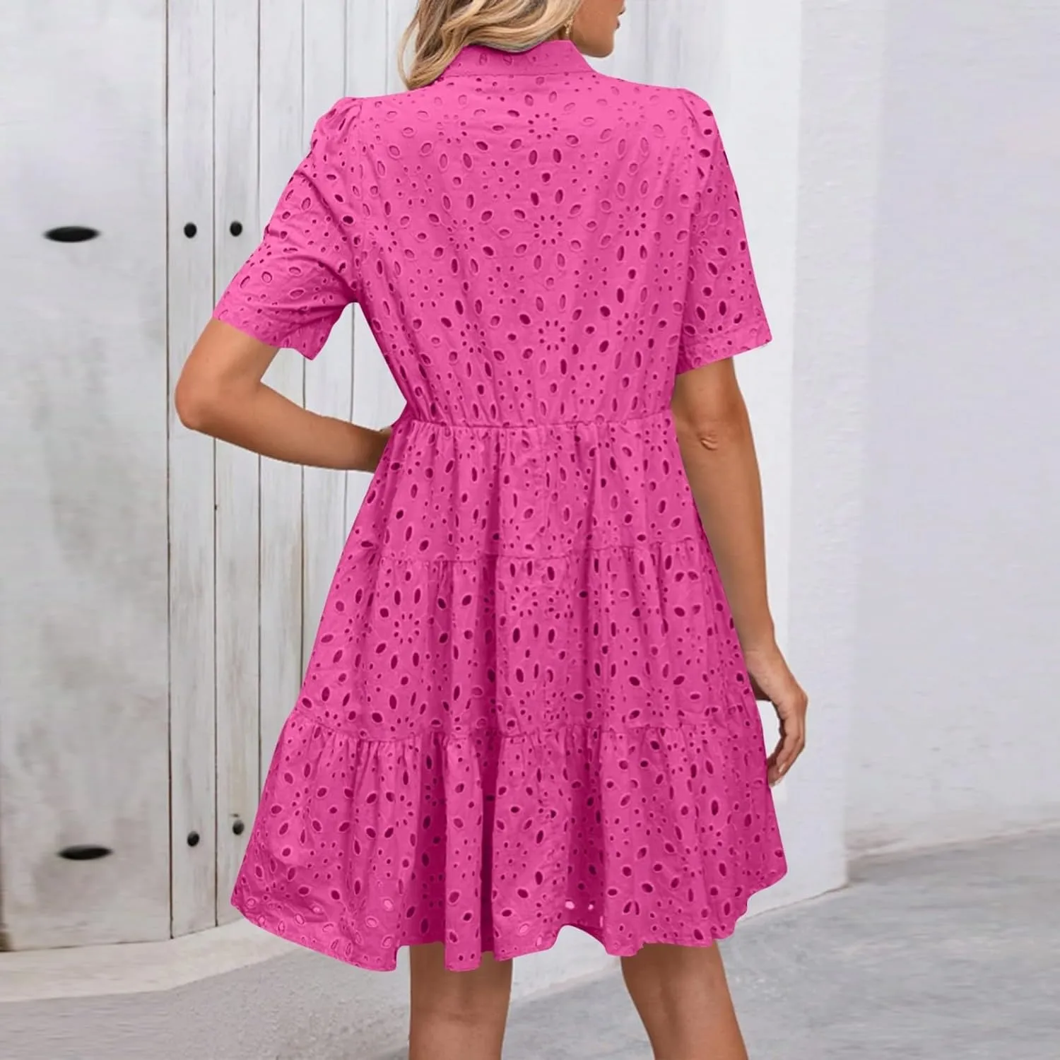 Short Dress for Women Cute Summer Eyelet V Neck Ruffled Babydoll Dress Beachy Resort Loose Swing A Line Dresses