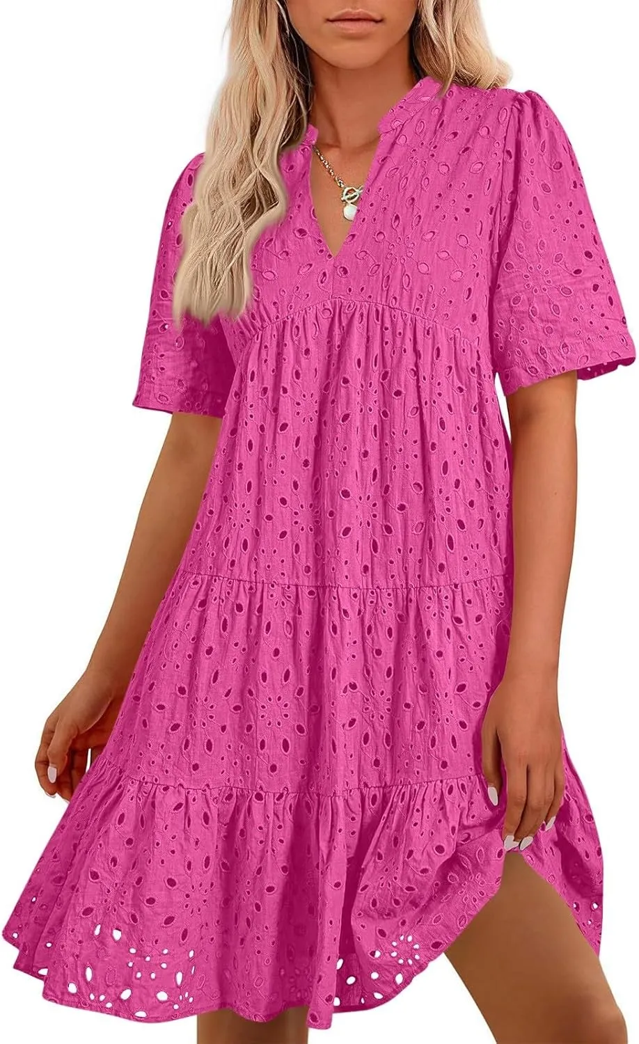Short Dress for Women Cute Summer Eyelet V Neck Ruffled Babydoll Dress Beachy Resort Loose Swing A Line Dresses