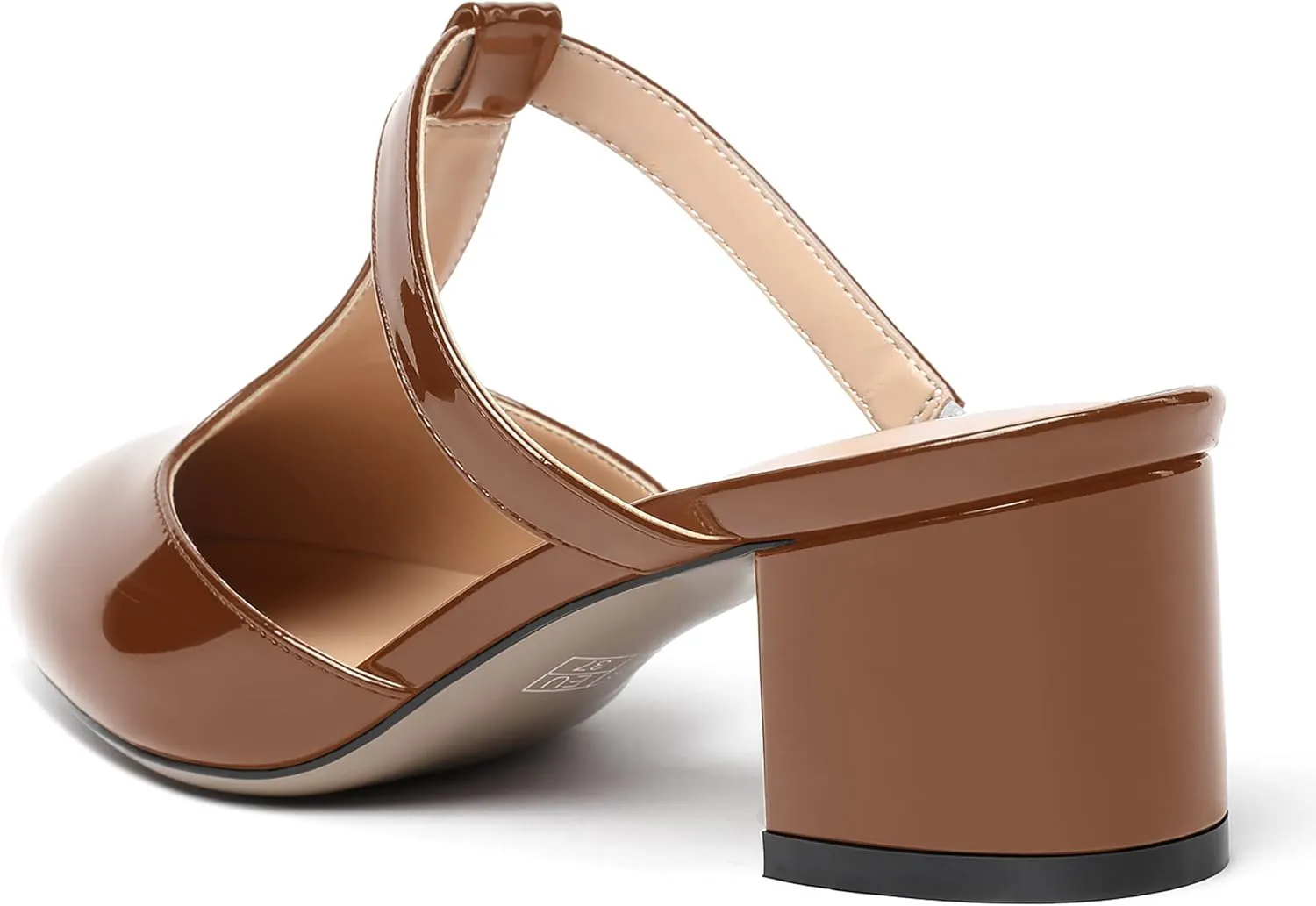 SHOWFOREST Women's Patent Casual Dating T Strap Mules Pointed Toe Chunky Low Heel Pumps Heeled Slide Sandals 2 Inch