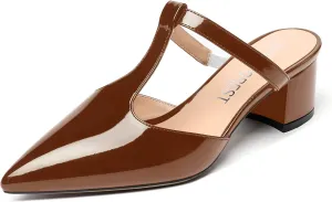 SHOWFOREST Women's Patent Casual Dating T Strap Mules Pointed Toe Chunky Low Heel Pumps Heeled Slide Sandals 2 Inch