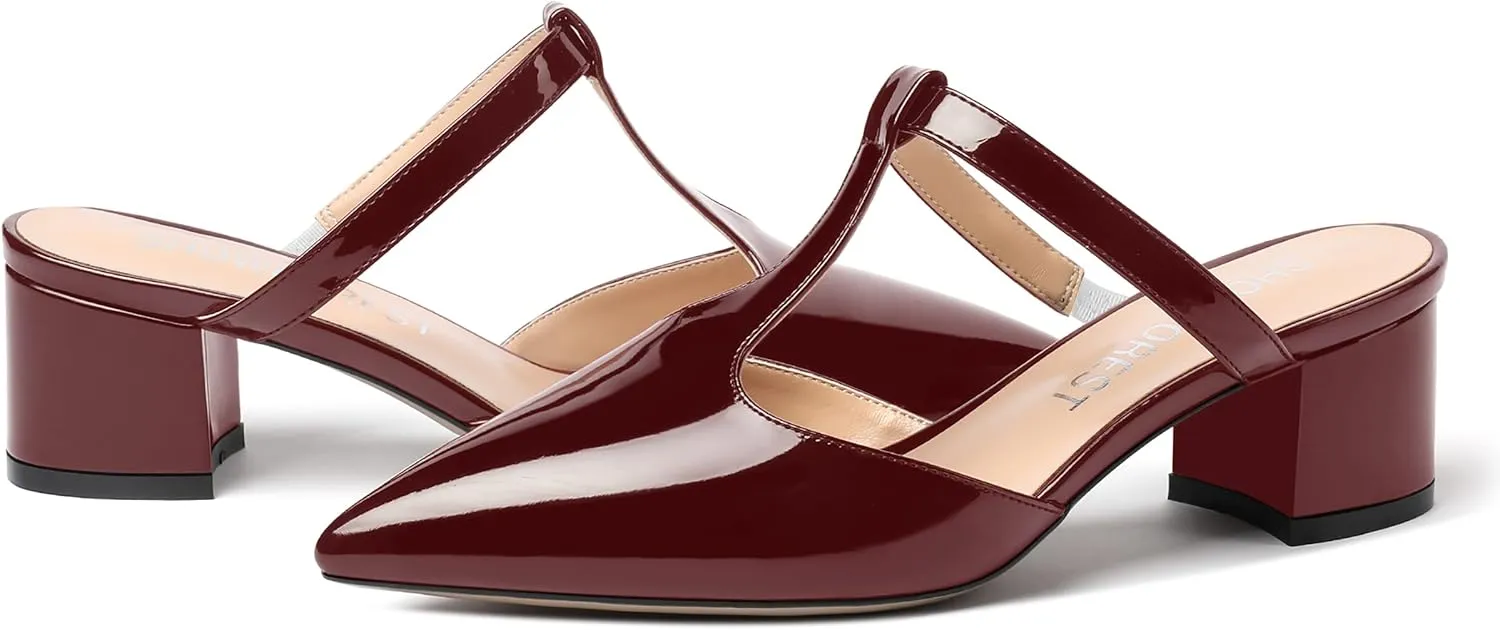 SHOWFOREST Women's Patent Casual Dating T Strap Mules Pointed Toe Chunky Low Heel Pumps Heeled Slide Sandals 2 Inch