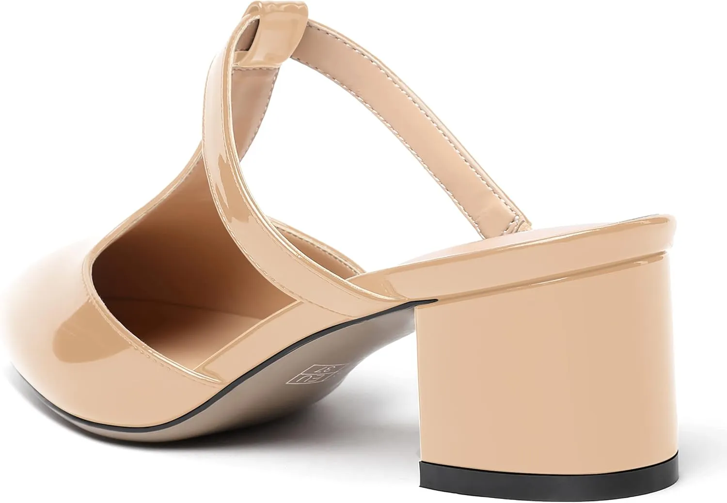 SHOWFOREST Women's Patent Casual Dating T Strap Mules Pointed Toe Chunky Low Heel Pumps Heeled Slide Sandals 2 Inch