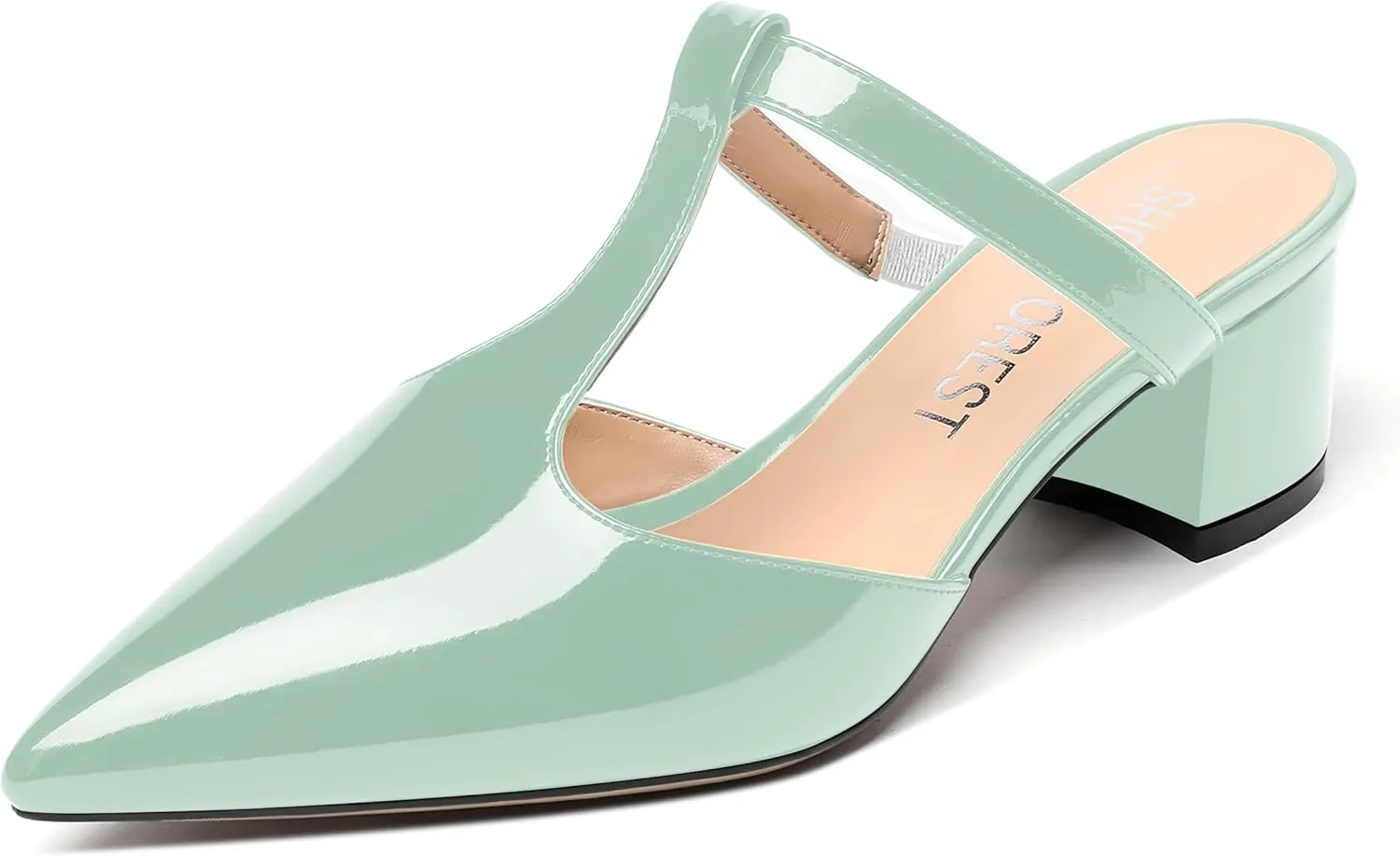 SHOWFOREST Women's Patent Casual Dating T Strap Mules Pointed Toe Chunky Low Heel Pumps Heeled Slide Sandals 2 Inch