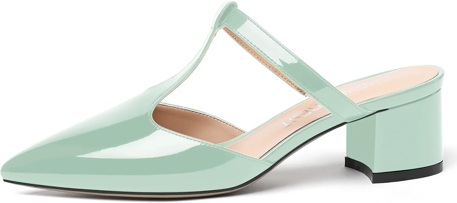 SHOWFOREST Women's Patent Casual Dating T Strap Mules Pointed Toe Chunky Low Heel Pumps Heeled Slide Sandals 2 Inch