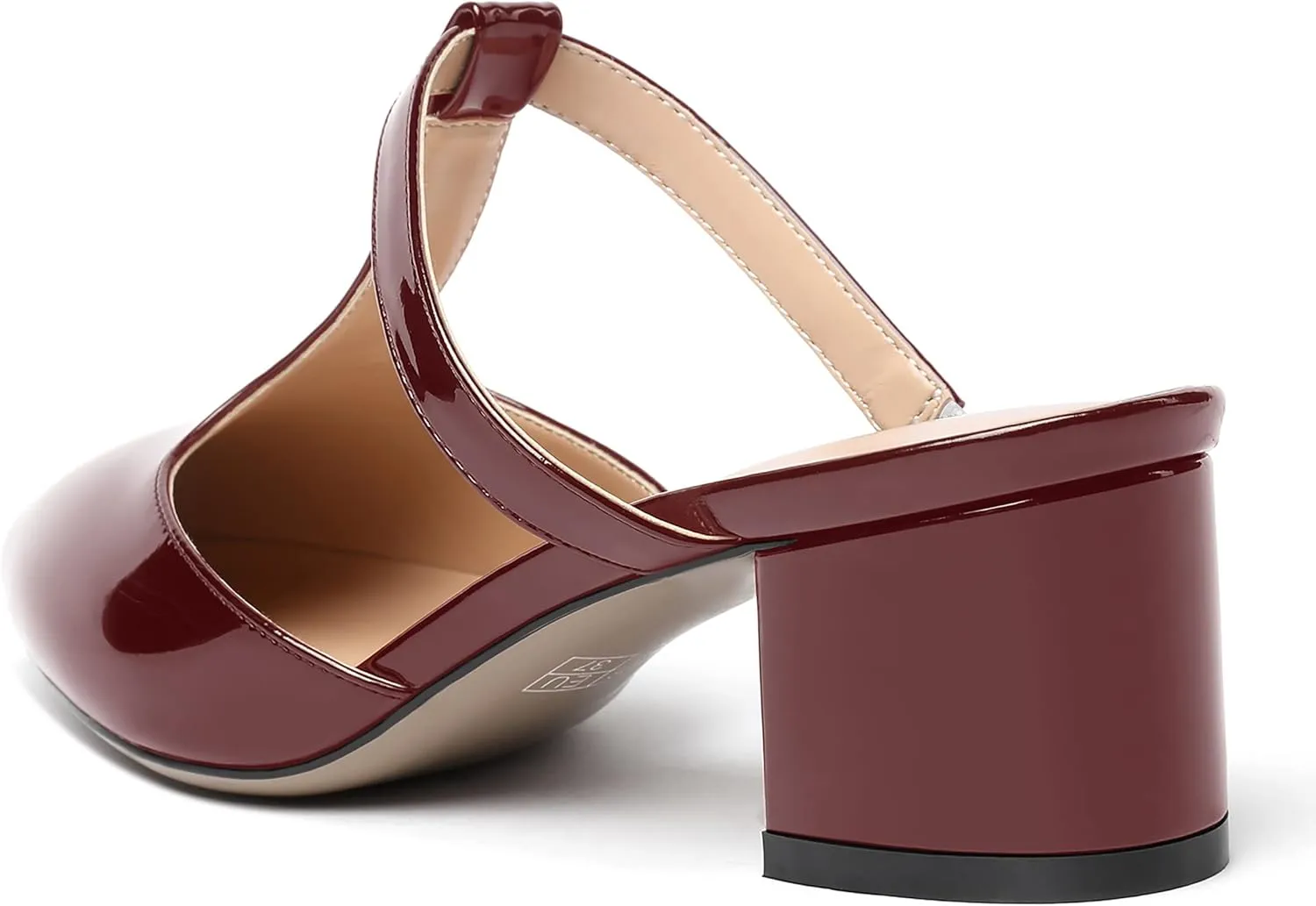 SHOWFOREST Women's Patent Casual Dating T Strap Mules Pointed Toe Chunky Low Heel Pumps Heeled Slide Sandals 2 Inch