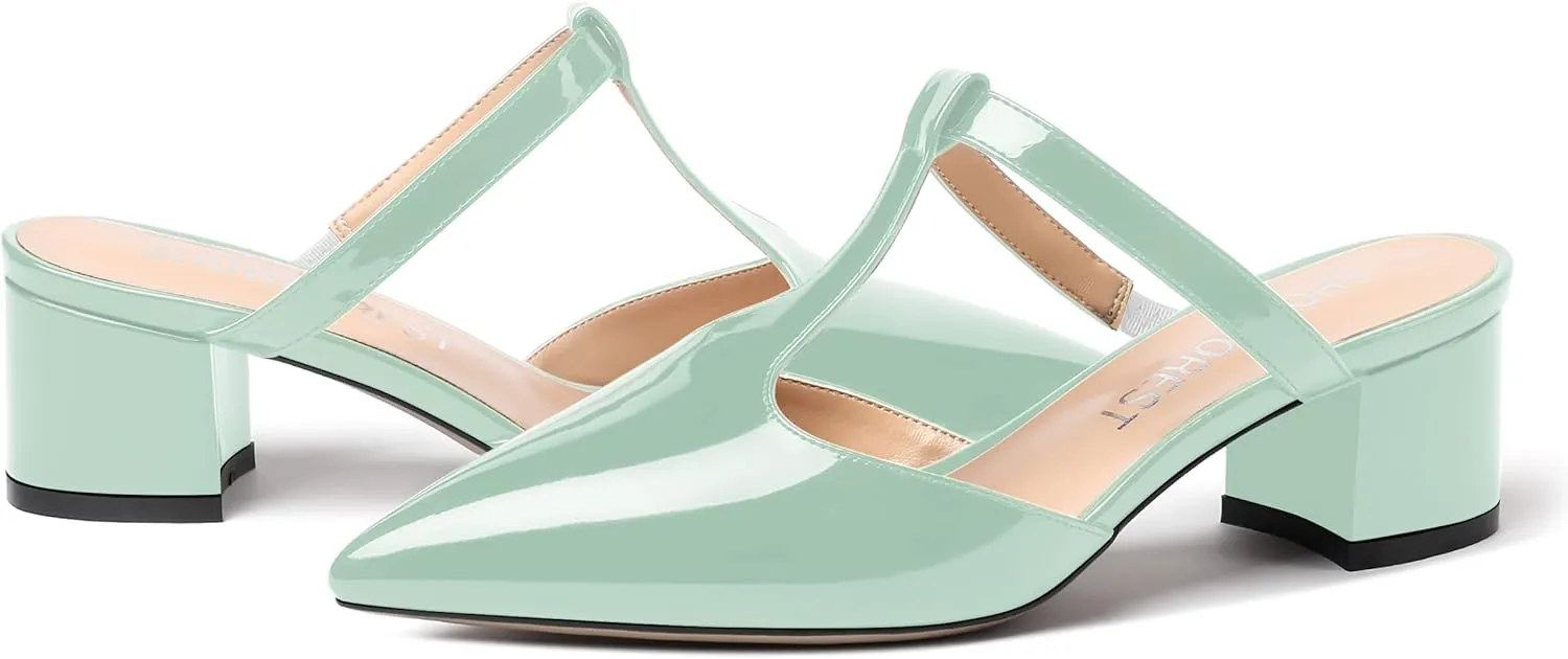 SHOWFOREST Women's Patent Casual Dating T Strap Mules Pointed Toe Chunky Low Heel Pumps Heeled Slide Sandals 2 Inch