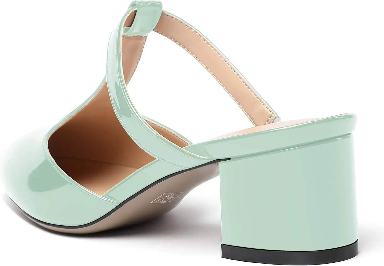 SHOWFOREST Women's Patent Casual Dating T Strap Mules Pointed Toe Chunky Low Heel Pumps Heeled Slide Sandals 2 Inch