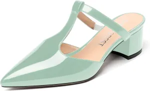 SHOWFOREST Women's Patent Casual Dating T Strap Mules Pointed Toe Chunky Low Heel Pumps Heeled Slide Sandals 2 Inch