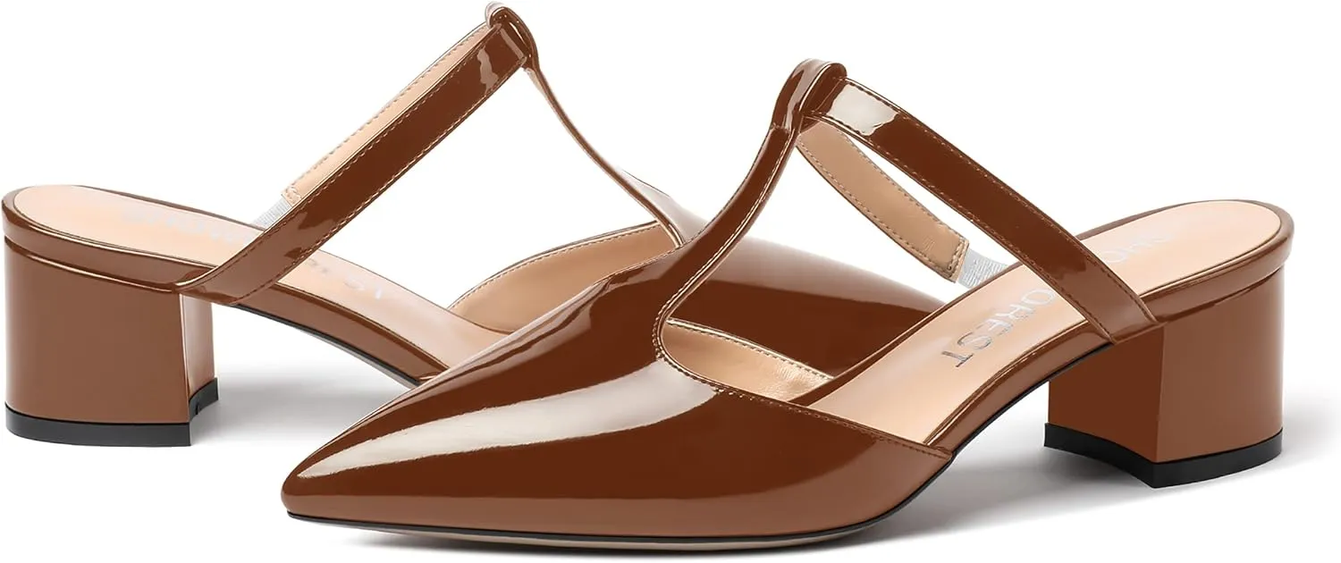 SHOWFOREST Women's Patent Casual Dating T Strap Mules Pointed Toe Chunky Low Heel Pumps Heeled Slide Sandals 2 Inch