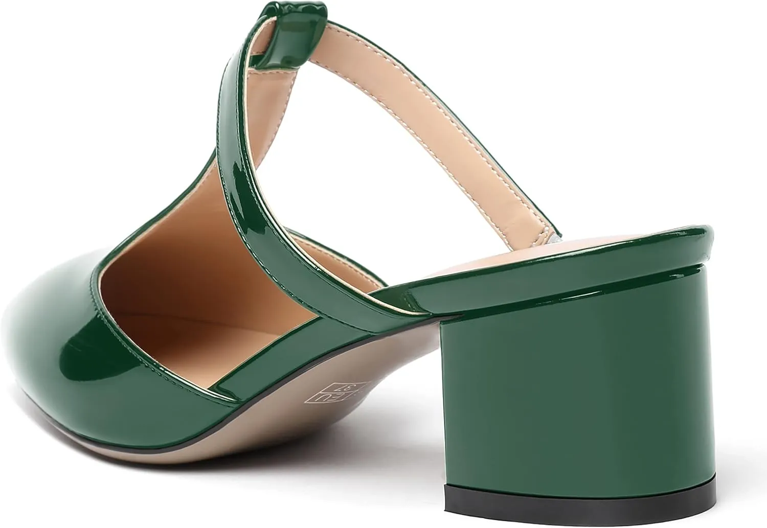 SHOWFOREST Women's Patent Casual Dating T Strap Mules Pointed Toe Chunky Low Heel Pumps Heeled Slide Sandals 2 Inch