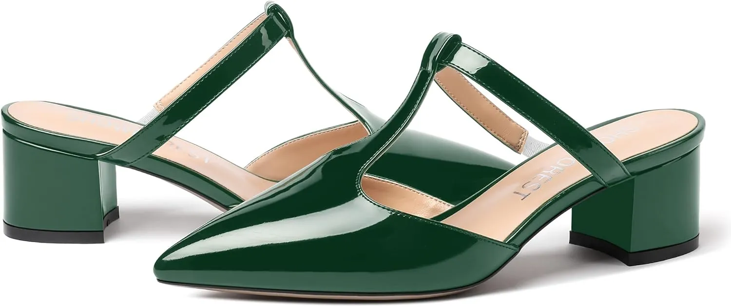 SHOWFOREST Women's Patent Casual Dating T Strap Mules Pointed Toe Chunky Low Heel Pumps Heeled Slide Sandals 2 Inch