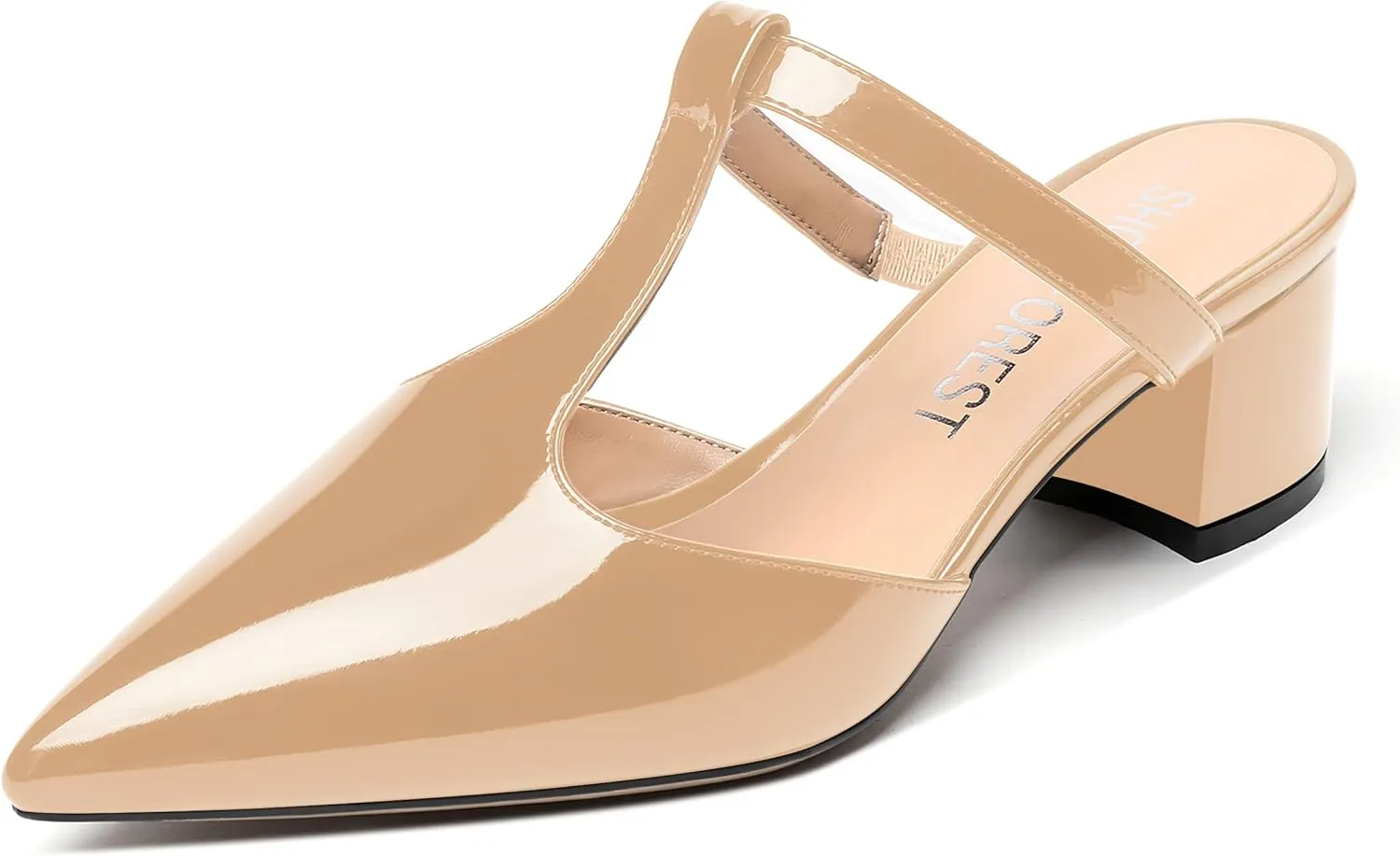 SHOWFOREST Women's Patent Casual Dating T Strap Mules Pointed Toe Chunky Low Heel Pumps Heeled Slide Sandals 2 Inch