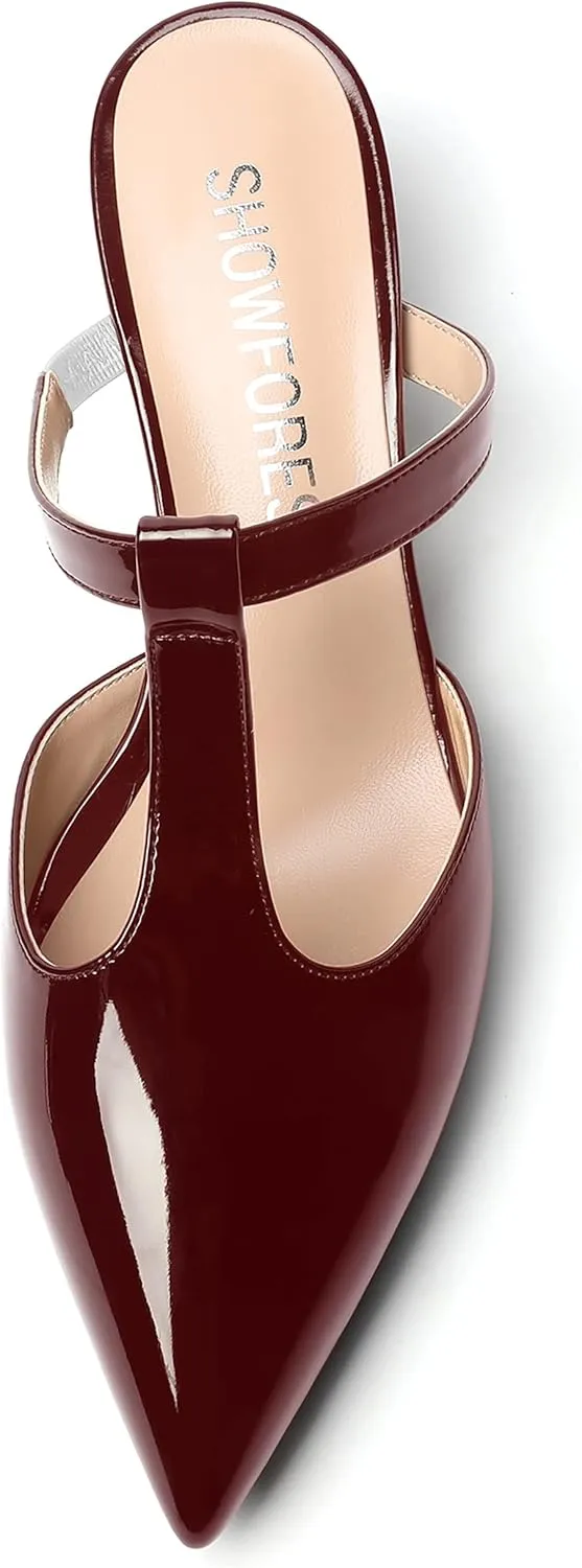 SHOWFOREST Women's Patent Casual Dating T Strap Mules Pointed Toe Chunky Low Heel Pumps Heeled Slide Sandals 2 Inch