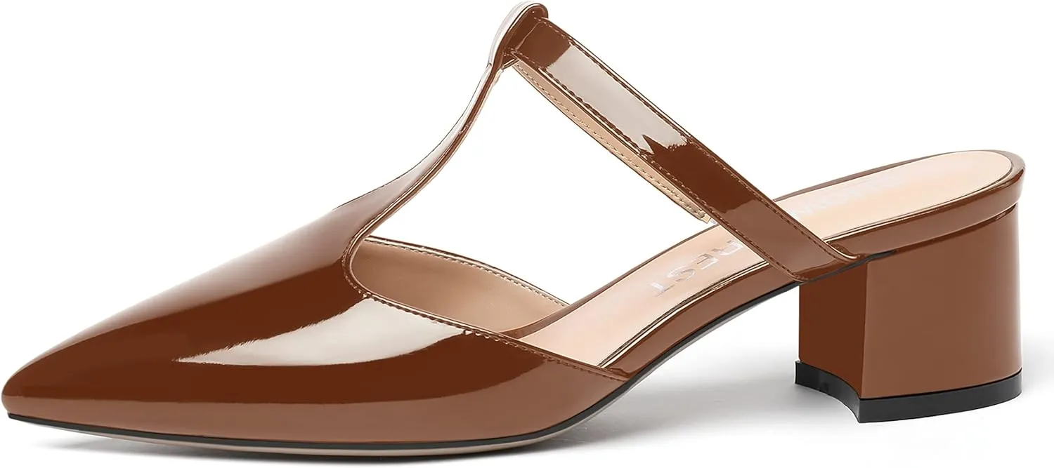 SHOWFOREST Women's Patent Casual Dating T Strap Mules Pointed Toe Chunky Low Heel Pumps Heeled Slide Sandals 2 Inch