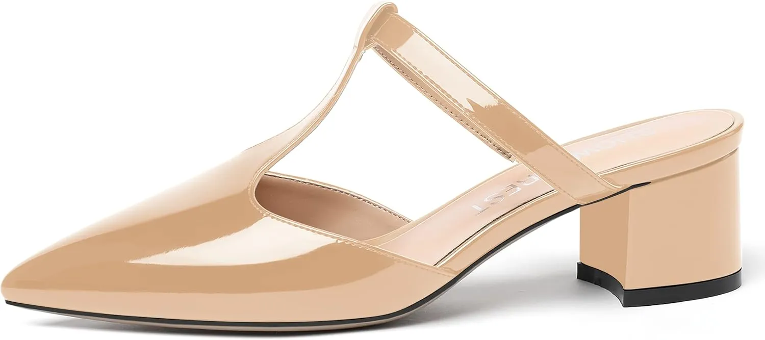 SHOWFOREST Women's Patent Casual Dating T Strap Mules Pointed Toe Chunky Low Heel Pumps Heeled Slide Sandals 2 Inch