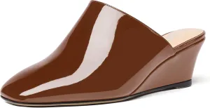 SHOWFOREST Women's Square Toe Evening Dress Slide Casual Patent Wedge Low Heel Mules Shoes 2 Inch