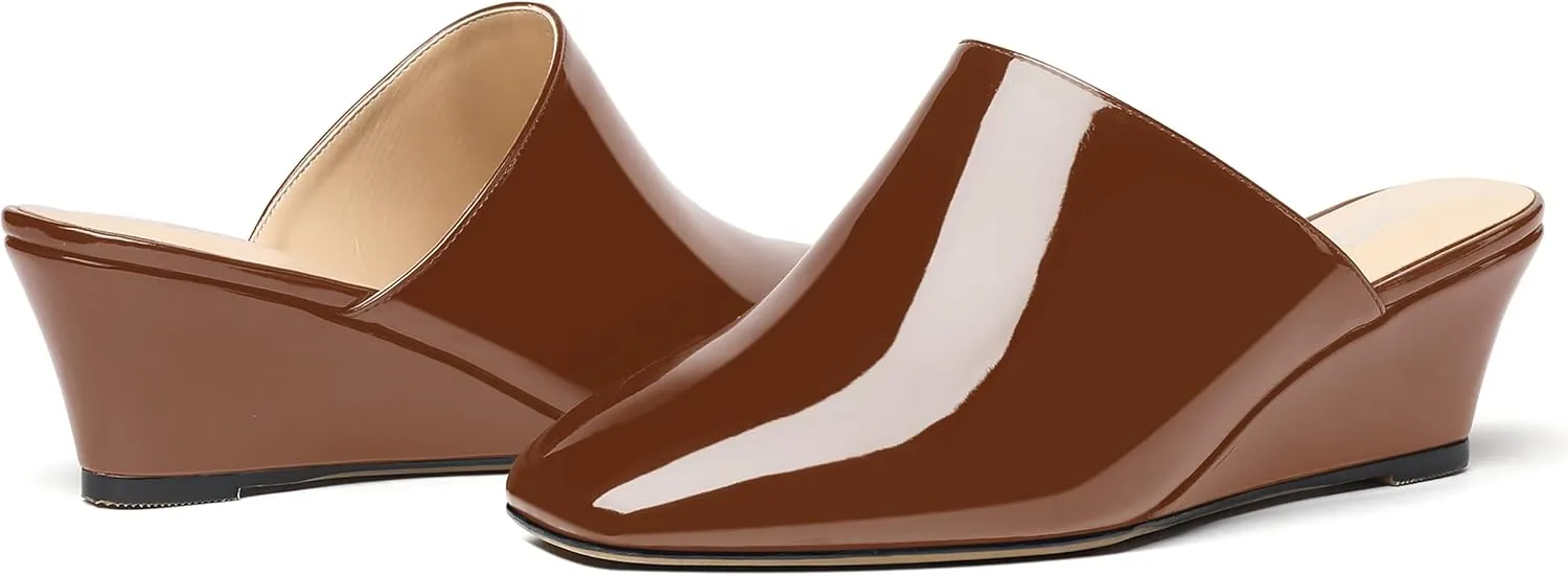 SHOWFOREST Women's Square Toe Evening Dress Slide Casual Patent Wedge Low Heel Mules Shoes 2 Inch
