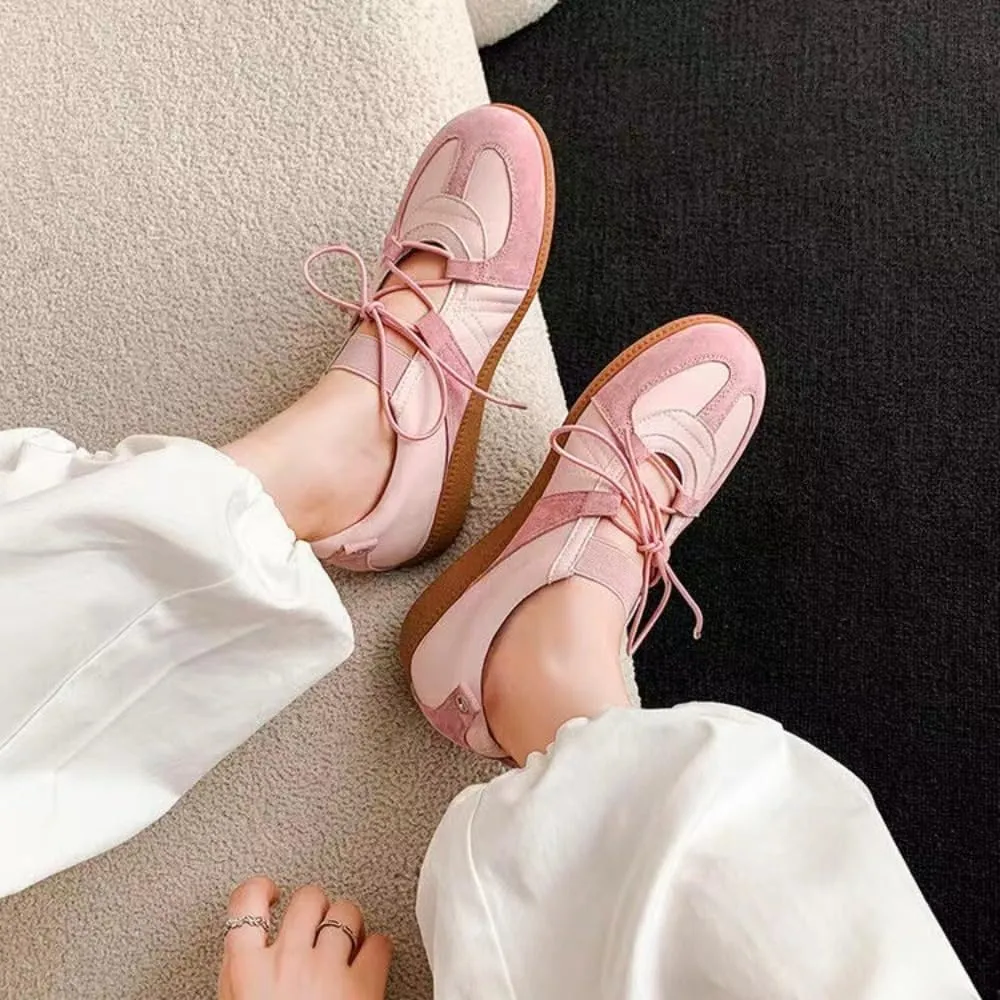 Sneakerina Cute Ballet Sneakers for Women Lace Up Mary Janes Flat Breathable Leather No Slip Chunky Sole Round Toes Lightweight Dress Shoes Slip on Y2K Preppy Back to School Gifts for Girls Teens