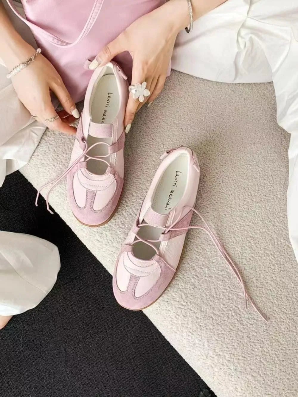 Sneakerina Cute Ballet Sneakers for Women Lace Up Mary Janes Flat Breathable Leather No Slip Chunky Sole Round Toes Lightweight Dress Shoes Slip on Y2K Preppy Back to School Gifts for Girls Teens