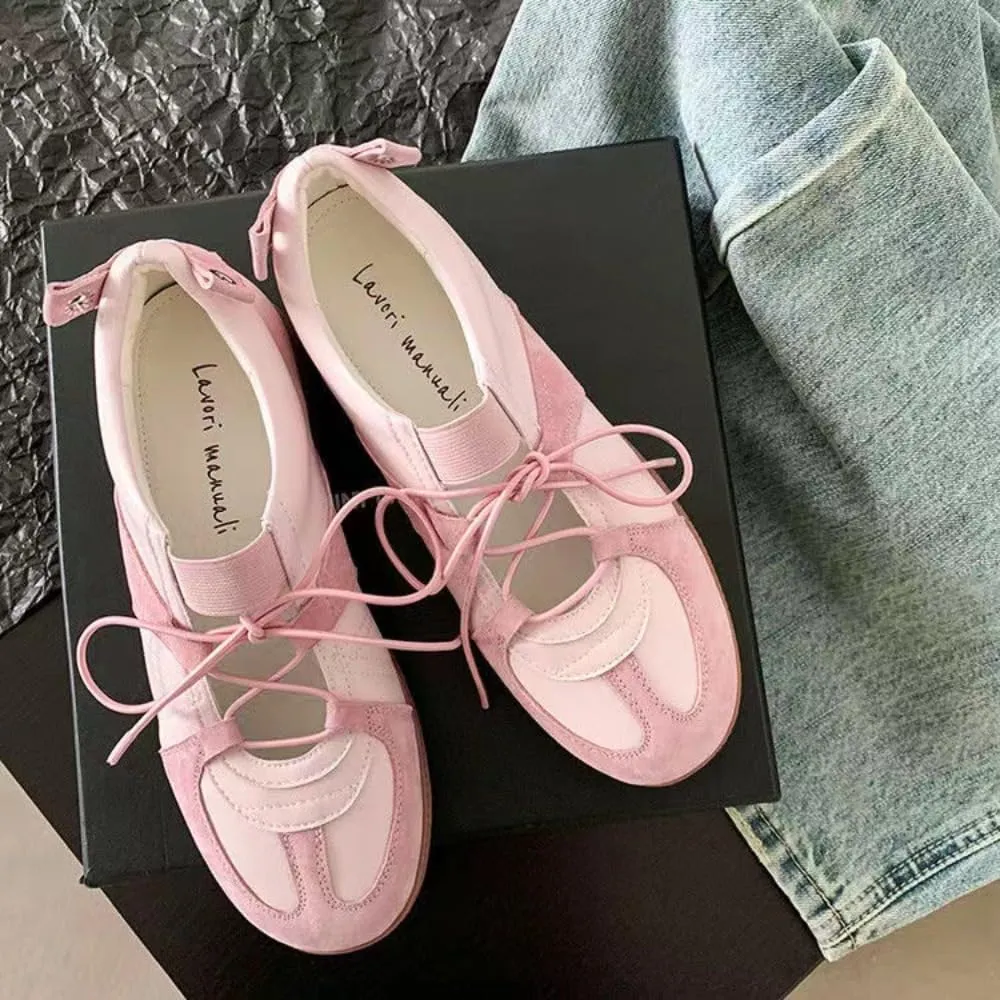 Sneakerina Cute Ballet Sneakers for Women Lace Up Mary Janes Flat Breathable Leather No Slip Chunky Sole Round Toes Lightweight Dress Shoes Slip on Y2K Preppy Back to School Gifts for Girls Teens
