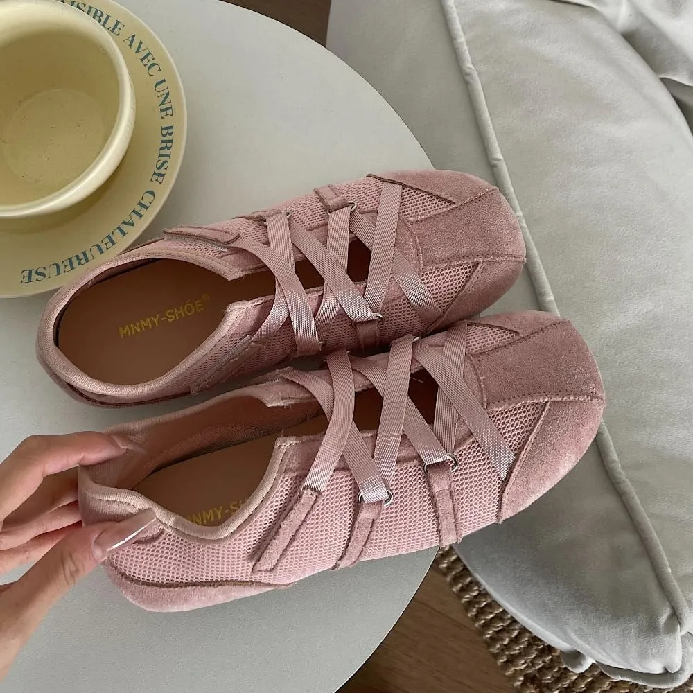 Sneakerina Dressy Ballet Sneakers Women Girls Cute Y2K Retro Lace Up Round Toes Breathable Non-Slip Chunky Sole Casual Fabric Platform Sneakers Preppy Back to School Gifts Daughter Granddaughter