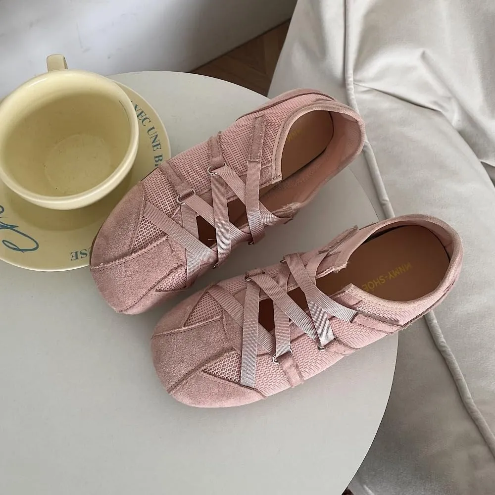 Sneakerina Dressy Ballet Sneakers Women Girls Cute Y2K Retro Lace Up Round Toes Breathable Non-Slip Chunky Sole Casual Fabric Platform Sneakers Preppy Back to School Gifts Daughter Granddaughter