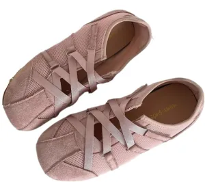 Sneakerina Dressy Ballet Sneakers Women Girls Cute Y2K Retro Lace Up Round Toes Breathable Non-Slip Chunky Sole Casual Fabric Platform Sneakers Preppy Back to School Gifts Daughter Granddaughter