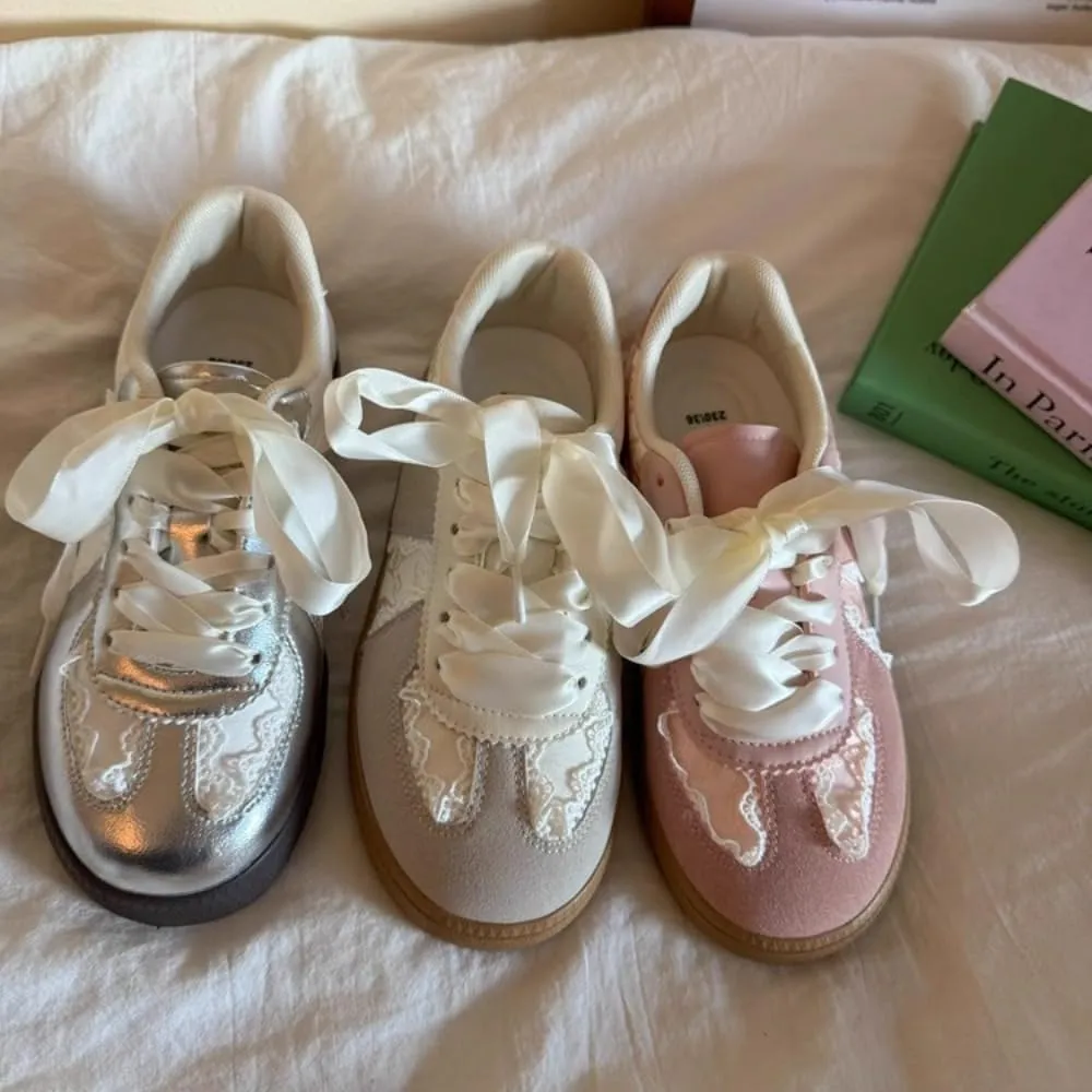 Sneakerina Dressy Ballet Sneakers Women Girls Cute Y2K Retro Leather Round Toes Slip on Non-Slip Chunky Sole Lace-up Platform Tennis Sneakers Preppy Back to School Gifts Daughter Granddaughter