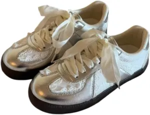 Sneakerina Dressy Ballet Sneakers Women Girls Cute Y2K Retro Leather Round Toes Slip on Non-Slip Chunky Sole Lace-up Platform Tennis Sneakers Preppy Back to School Gifts Daughter Granddaughter