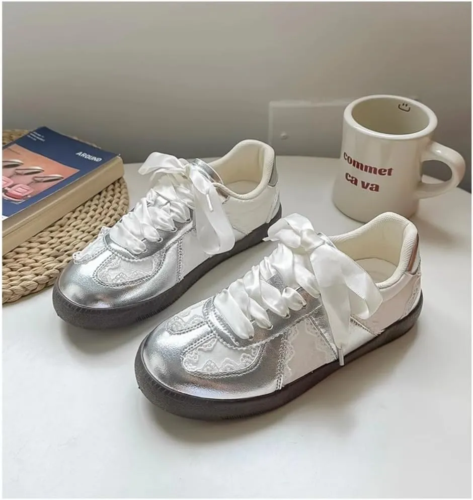 Sneakerina Dressy Ballet Sneakers Women Girls Cute Y2K Retro Leather Round Toes Slip on Non-Slip Chunky Sole Lace-up Platform Tennis Sneakers Preppy Back to School Gifts Daughter Granddaughter