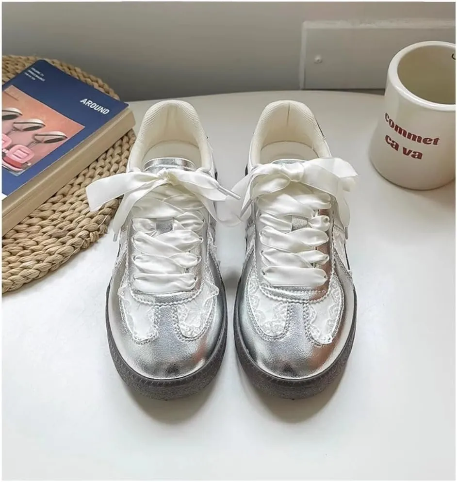 Sneakerina Dressy Ballet Sneakers Women Girls Cute Y2K Retro Leather Round Toes Slip on Non-Slip Chunky Sole Lace-up Platform Tennis Sneakers Preppy Back to School Gifts Daughter Granddaughter
