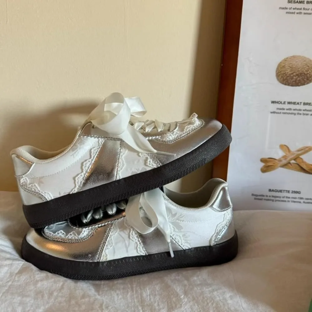 Sneakerina Dressy Ballet Sneakers Women Girls Cute Y2K Retro Leather Round Toes Slip on Non-Slip Chunky Sole Lace-up Platform Tennis Sneakers Preppy Back to School Gifts Daughter Granddaughter
