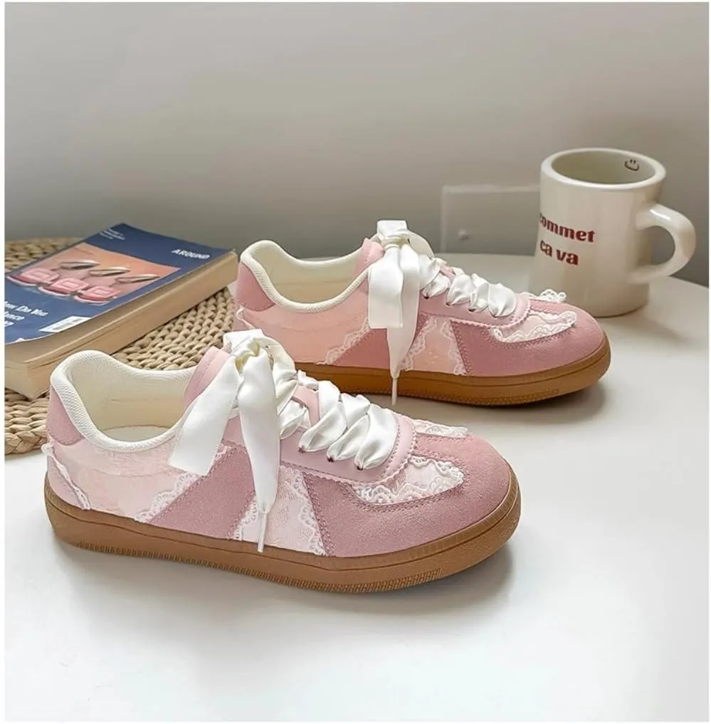 Sneakerina Dressy Ballet Sneakers Women Girls Cute Y2K Retro Leather Round Toes Slip on Non-Slip Chunky Sole Lace-up Platform Tennis Sneakers Preppy Back to School Gifts Daughter Granddaughter